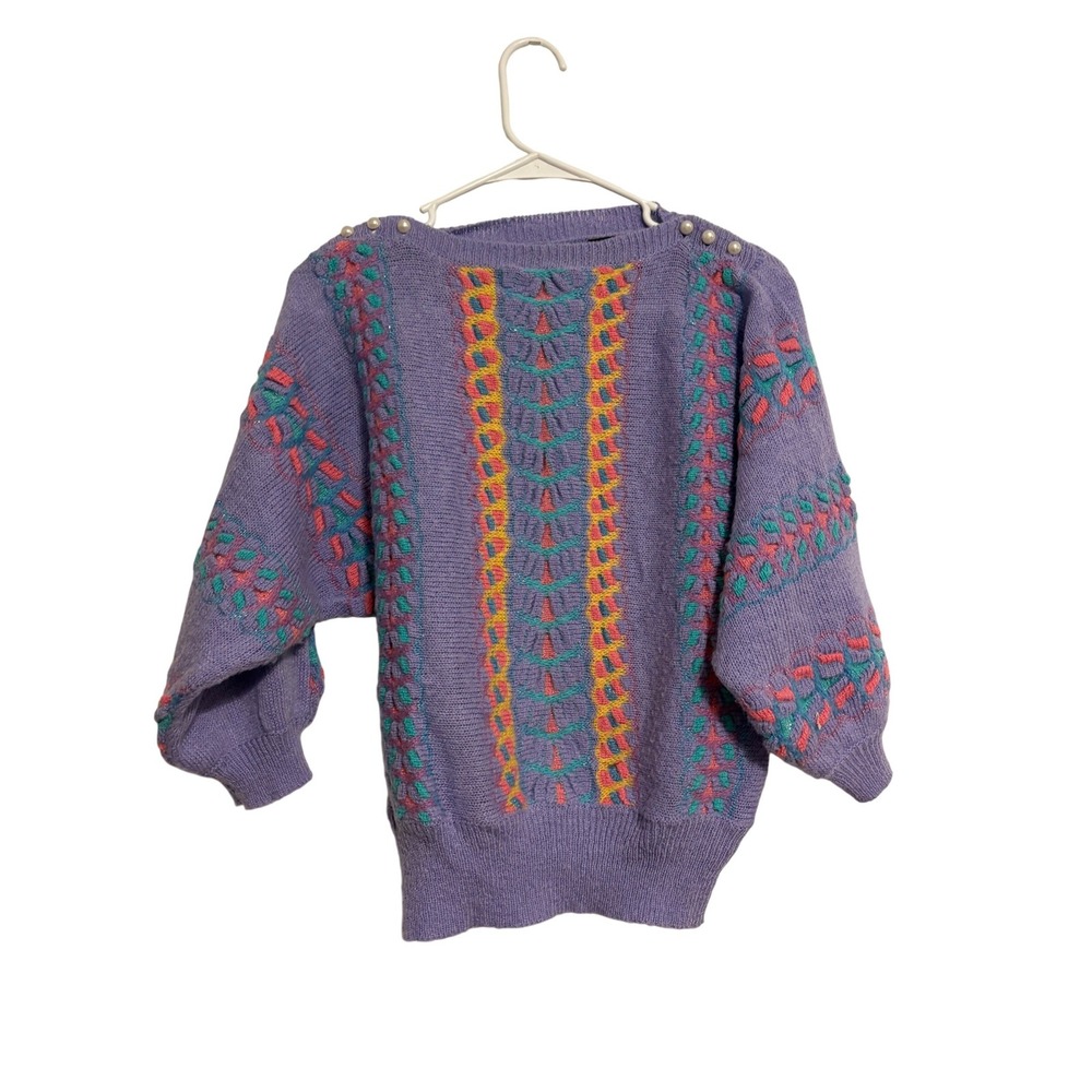 Gitano Sweater Vintage 80s Purple Metallic Knit Faux Pearl Medium